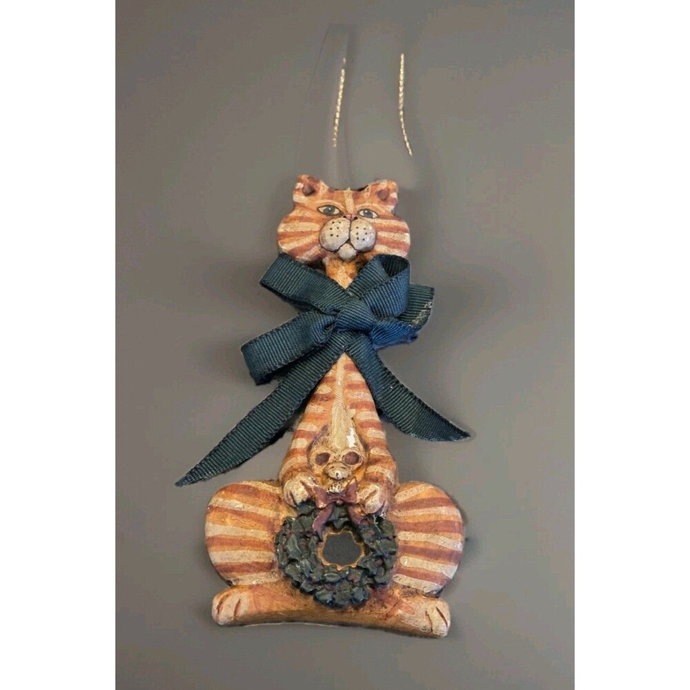 Kurt Adler Yellow Stripe Cat with Mouse & Wreath Christmas Ornament